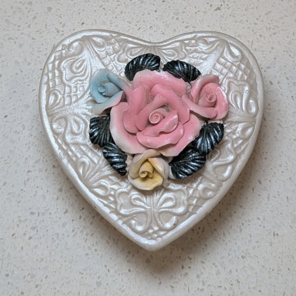 Heart Trinket Box Pearlescent Ceramic Floral Porcelain Cottagecore Roses